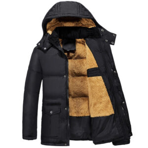 Black men’s winter fleece jacket with zip-up closure and warm inner lining