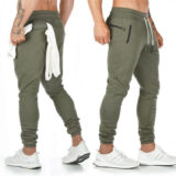 Black men’s sports fitness trousers with tapered feet and hanging towel design