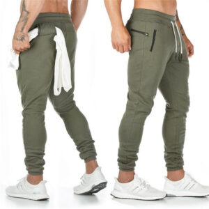 Black men’s sports fitness trousers with tapered feet and hanging towel design