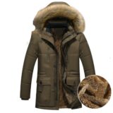 Use these for different photos: Men’s thick winter jacket in black with detachable hood Medium-length imitation silk cotton jacket for men – khaki color Dark khaki men’s winter jacket with zipper closure Warm men’s hooded winter coat with thick lining Men’s polyester winter jacket with detachable cap