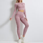 Women’s high waist yoga trousers and long sleeve top – nylon spandex workout set in black, blue, pink, wine red