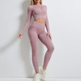 Women’s high waist yoga trousers and long sleeve top – nylon spandex workout set in black, blue, pink, wine red
