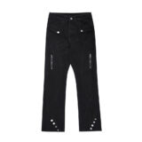 "Men’s black denim trousers fashion personality style" "Casual cotton denim pants for men front and back view" "Youth men’s denim trousers leisure wear" "High-quality cotton denim fabric close-up" "Black denim trousers styled for casual outfit"